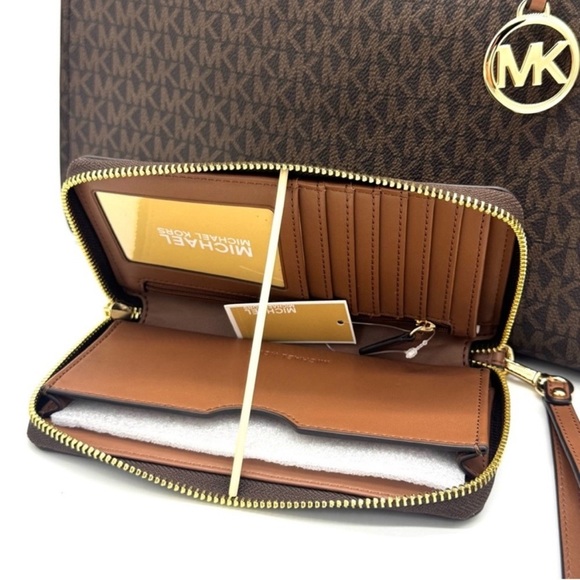 Michael Kors Jet Set Large Signature Logo Tote Bag & Flat Phone Case Wallet Set - Picture 14 of 15